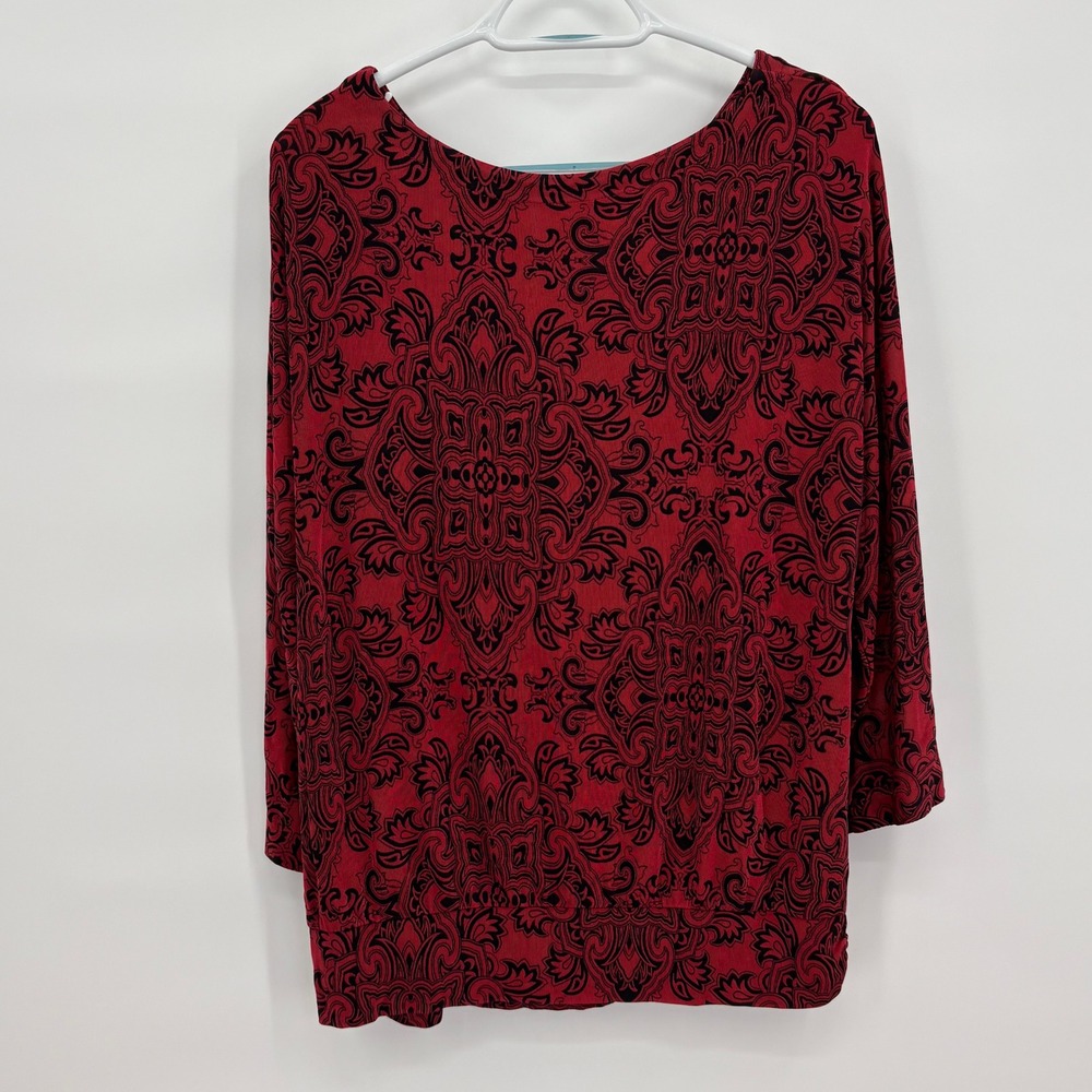 Travelers by Chicos Red Black Damask Print 3/4 Sleeve Blouse Top Size 2 L XL - Picture 4 of 9